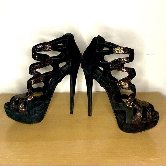 𝅺🌷SCHUTZ🌷 Black & Gold Shimmer Sparkle  Stiletto Strap Heels - Picture 1 of 5